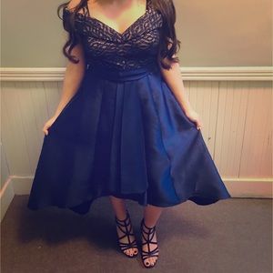 sequence and satin navy blue dress